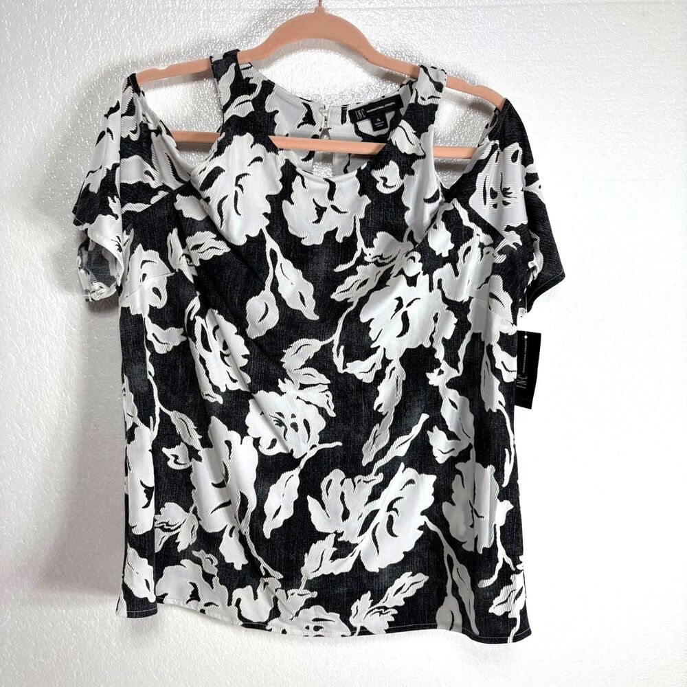 INC International Concepts Blouse Womens XL Black White Cold Shoulder NWT